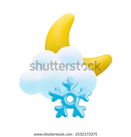 Vector cartoon 3d snowy night icon. Cute 3d render of glossy half moon behind the cloud and snowflake isolated on white. Realistic style cloudy crescent, good night illustration for weather app, game.