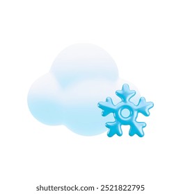 Vector cartoon 3d snowy weather icon. Cute 3d render of cloud with snowflake isolated, trendy meteorology concept. Winter snowfall illustration for design, game, web site, logo, weather app.