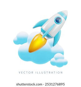 Vector de dibujos animados 3D cohete espacial ilustración. Nave espacial de juguete con llama y nubes aisladas en blanco. Inicio financiero, educación, concepto de negocio de lanzamiento. Linda ilustración de renderizado 3d mínimo.