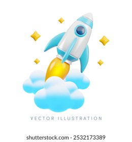 Vector de dibujos animados 3D cohete espacial ilustración. Nave espacial de juguete con llama, estrellas y nubes aisladas en blanco. Inicio financiero, educación, concepto de negocio de lanzamiento. Linda ilustración de renderizado 3d mínimo.