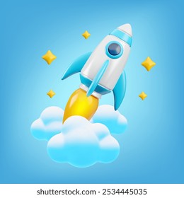 Ilustração do foguete espacial 3d do desenho animado vetorial. Nave espacial de brinquedo com chamas, estrelas e nuvens sobre fundo azul. Inicialização financeira, educação, conceito de lançamento de negócios. Ilustração de renderização 3d mínima bonita.