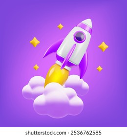 Ilustração do foguete espacial 3d do desenho animado vetorial. Bonito brinquedo violeta nave espacial com chama, estrelas e nuvens. Inicialização financeira, educação, conceito de lançamento de negócios. Magia mínima ilustração de renderização 3d.