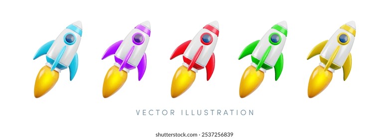 Vektorcartoon 3D-Weltraum-Raketen-Symbol-Set. Spielzeugraumschiff blau, rot, grün, gelb und lila mit Flamme auf weißem Hintergrund. Finanzielle Startup, Bildung, starten Sie Business-Konzept. Niedliches minimales 3D-Rendering