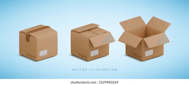 Vector cartoon 3d square carton box set. Cute realistic closed and opened package with shadow on blue background. 3d render cardboard box with cargo packaging symbols for infographic, delivery app.