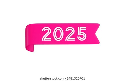 Vector cartoon 3d straight pink ribbon with numbers 2025, realistic 3d horizontal tape design element for graduation design, yearbook, new year greeting card, Christmas sticker.