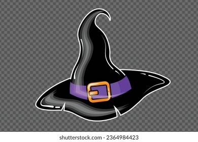 Vector Cartoon 3D Style Halloween Witch Hat Icon Isolated on Transparent Background witch hat designs, Black Hat, Purple and Golden Belt Colors Witch Hat for Halloween Holiday Symbol Logo Illustration