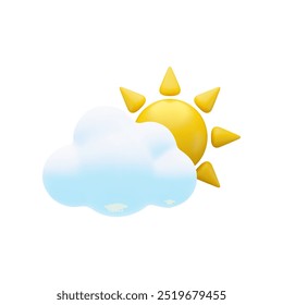 Vector cartoon 3d sun and cloud icon. Cute 3d Render partly cloudy day concept, sunny meteorological sign. Sun behind soft white fluffy cloud on white background for design, web, game, weather app