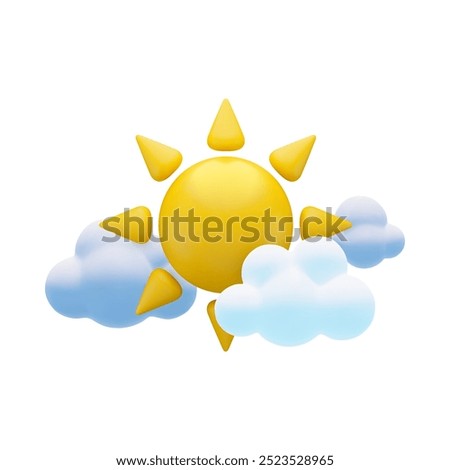 Vector cartoon 3d sun with rays and clouds weather concept. Cute 3d Render partly cloudy day forecast icon, sunny meteorological sign. Sun and soft fluffy clouds for design, web, game, weather app.