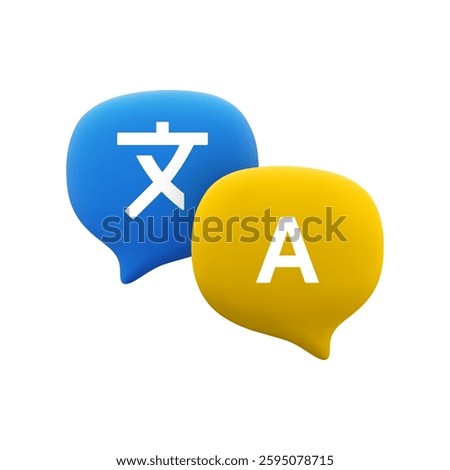Vector cartoon 3d translation icon. Minimal realistic 3d speech bubbles with english and Chinese language translation signs. Translate message dialog design element for mobile app, web, study service.