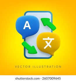 Vector cartoon 3d translation service app banner. Realistic 3d speech bubbles with english and Chinese language translation signs and arrows on smartphone screen. Translate message dialog concept.