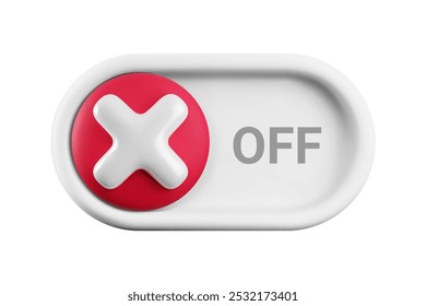 Vector cartoon 3d turn off switch button. Minimal realistic 3d white NO toggle switch slider with red cross icon. Setting toggle design element, off tumbler for mobile app interface, web.