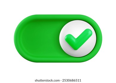 Vector cartoon 3d turn on switch button. Cute realistic 3d green toggle switch slider with white yes checkmark icon. Setting toggle design element for mobile app interface, web.