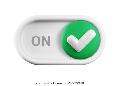 Vector cartoon 3d turn on switch button. Cute realistic 3d white toggle switch slider with green yes checkmark icon and text ON. Setting toggle design element for mobile app interface, web.