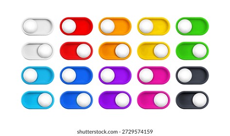 Vector de dibujos animados 3D encender y apagar interruptor de Botón colorido conjunto. Cute realista 3d color interruptor de palanca deslizadores con Botón blanco. Ajuste del elemento de diseño de palanca para la interfaz del App, Web, juego, diseño.