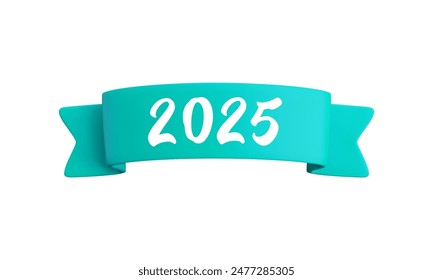 Vector cartoon 3d turquoise folded ribbon with numbers 2025, realistic 3d design element for graduation design, yearbook, new year greeting card, Christmas design