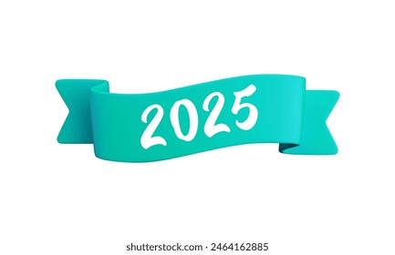 Vector cartoon 3d turquoise ribbon with numbers 2025, realistic 3d design element for graduation design, yearbook, new year greeting card, Christmas design.