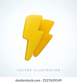 Vector cartoon 3d two lightning flashes icon. Minimal 3d Render of thunder and bolt, thunderstorm sign, energy power symbol, electric charge or danger emblem. For flash sale design, game, weather app.