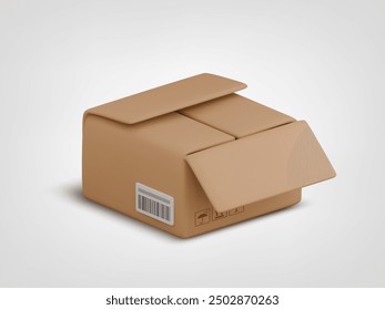 Vector cartoon 3d unpacked carton box icon. Cute realistic opened package with shadow on grey background. 3d render cardboard box with cargo packaging symbols for infographic, delivery app, template.