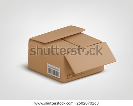 Vector cartoon 3d unpacked carton box icon. Cute realistic opened package with shadow on grey background. 3d render cardboard box with cargo packaging symbols for infographic, delivery app, template.
