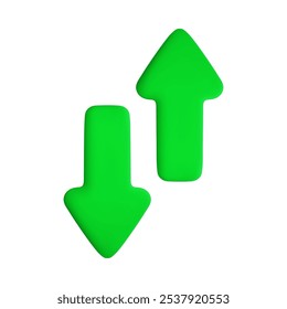 Setas oncoming verticais 3d de desenhos animados vetoriais. Renderização realista bonito de seta verde para cima e para baixo diferente direção oposta. Símbolo de processo de saída de entrada, sinal comercial ou rodoviário, elemento infográfico.