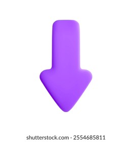 Vector cartoon 3d violet arrow icon. Cute realistic down direction arrow sign isolated on white background. 3d render pointer concept, plastic mouse cursor for infographic, web, business app, design.