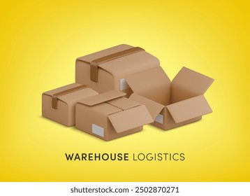 Vector cartoon 3d warehouse logistics banner. Cute realistic 3d boxes pile illustration. Stack of opened and closed cardboard parcels on yellow background. Storage, relocation, transportation concept.
