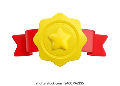 Vector cartoon 3d wavy round medal with star on red horizontal folded ribbon realistic icon. Trendy gold sport or business award, abstract victory badge. 3d render plastic certificate illustration.