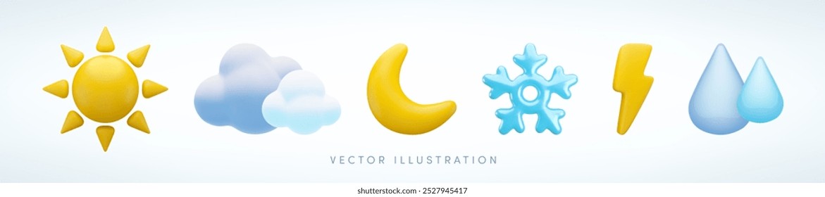 Vector cartoon 3d weather icon set. Cute 3d render of sun, clouds, rain drops, snow and moon. Realistic 3d meteorology concept collection for design, game, web site, logo, weather app.