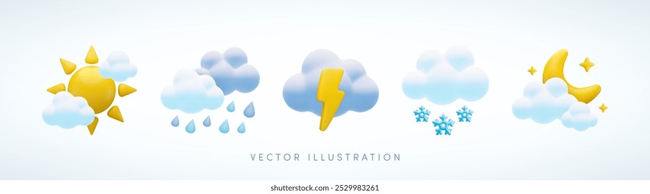 Conjunto de ícones meteorológicos 3d de desenhos animados vetoriais. Bonito renderização 3d de dia ensolarado, nuvens de chuva, tempo chuvoso e nevado, signo de noite estrelado. Realista coleção conceito de meteorologia 3d para design, jogo, site, aplicativo.