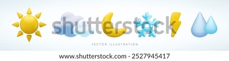 Vector cartoon 3d weather icon set. Cute 3d render of sun, clouds, rain drops, snow and moon. Realistic 3d meteorology concept collection for design, game, web site, logo, weather app.