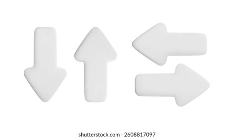 Vector cartoon 3d white arrows set. Cute realistic up, down, left and right arrow icon isolated on white background. 3d render direction pointer, plastic click cursor button, for infographic app, game
