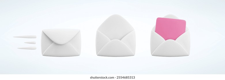 Vector cartoon 3d white envelope icon set. Realistic 3d render closed, open letter symbol. New message notification, newsletter subscriptions, email services cute design element for social media, app.