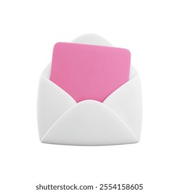 Vector cartoon 3d white opened envelope with pink letter inside. Realistic 3d render new message notification, newsletter subscription symbol. Cute email design element for social media, app, advert.