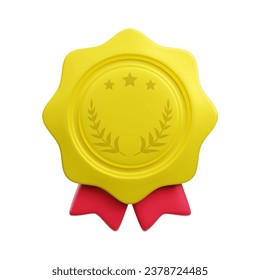 Vectorcartoon 3D Gewinner Medaille realistisches Symbol mit rotem Band. Trendy Gold Runde beste Wahl Preis, abstraktes Badge Garantiezeichen. 3D-Rendering-Plastikzertifikat-Badge-Illustration.