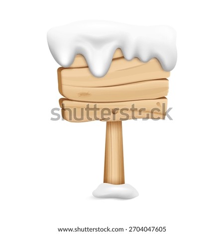 Vector cartoon 3d winter wooden sign post. Realistic 3d blank rectangle plaque with snow cap. Wood texture empty signboard with snowdrifts border on top for game, timber pointer, menu, app, decor.