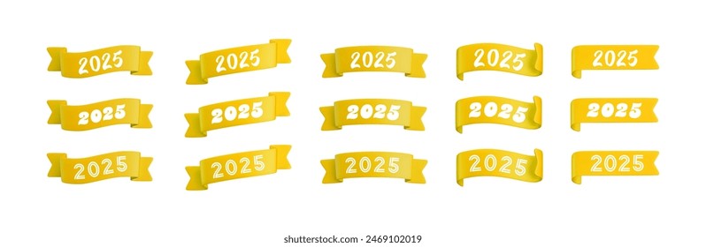 Vector cartoon 3d yellow folded ribbons set with numbers 2025, realistic 3d design elements for graduation design, yearbook, new year greeting card, Christmas design.