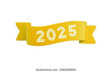 Vector cartoon 3d yellow folded wavy ribbon with numbers 2025, realistic 3d design element for graduation design, yearbook, new year greeting card, Christmas design.