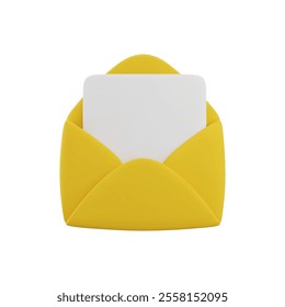 Vector cartoon 3d yellow open envelope with white letter inside. Realistic 3d render new message notification, email sign, newsletter subscription symbol. Cute design element for social media, app.