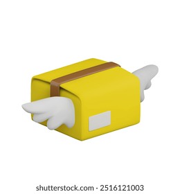 Vector cartoon 3d yellow parcel cardboard box with wings. Fast delivery realistic 3d icon, flying package box, air parcel service concept. Express cargo logistics illustration for web, app, banner