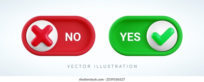 Vector de dibujos animados 3D sí y no interruptor Botón conjunto. Cute realista 3d interruptor de palanca deslizantes con verde sí marca de verificación y el icono rojo. Ajuste del elemento de diseño de la palanca para la interfaz móvil del App, Web.