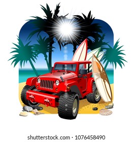 Vector cartoon 4x4 car on beach. Available EPS-10 vector format separated by groups and layers