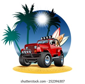 Vector cartoon 4x4 car on beach. Available EPS-10 vector format separated by groups and layers with transparency effects for one-click repaint