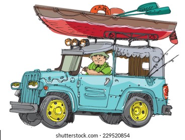Vector cartoon 4x4 vehicle with kayak on the top