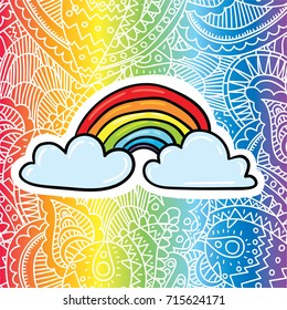 Vector cartoon 80s 90s comic style patch sticker badge design illustration of color rainbow on elegant lace lgbt gradient