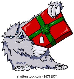 Vector cartoon of abominable snowman holding a present