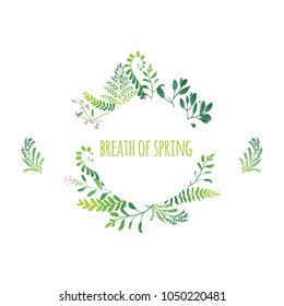 Vector cartoon abstract green plants flower herbs frame template. Meadow garden spring easter, women day romantic holiday, wedding invitation card summer floral Illustration white background