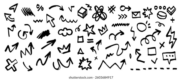 Vector cartoon abstract illustration of collection of various brush stroke element and icon on white background. Flat hand drawn sketch doodle style design of set of different line shape and arrow