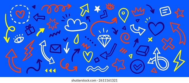 Vector cartoon abstract illustration of set of different line shape and arrow on color background. Flat hand drawn doodle style design of collection of scribble marker element and icon for banner