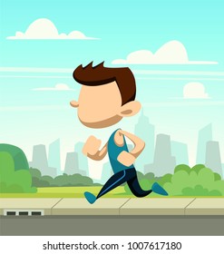 vector cartoon abstract semi flat healthy lifestyle guy jogging in city park with city scape silhouette background illustration scene
