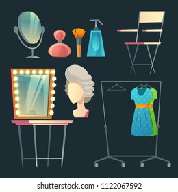 Vector cartoon actress, actor s dressing room. Collection with furniture, clothing and hanger with costumes. Table with light bulbs and mirror. Makeup, spray and brush for theatrical performance.